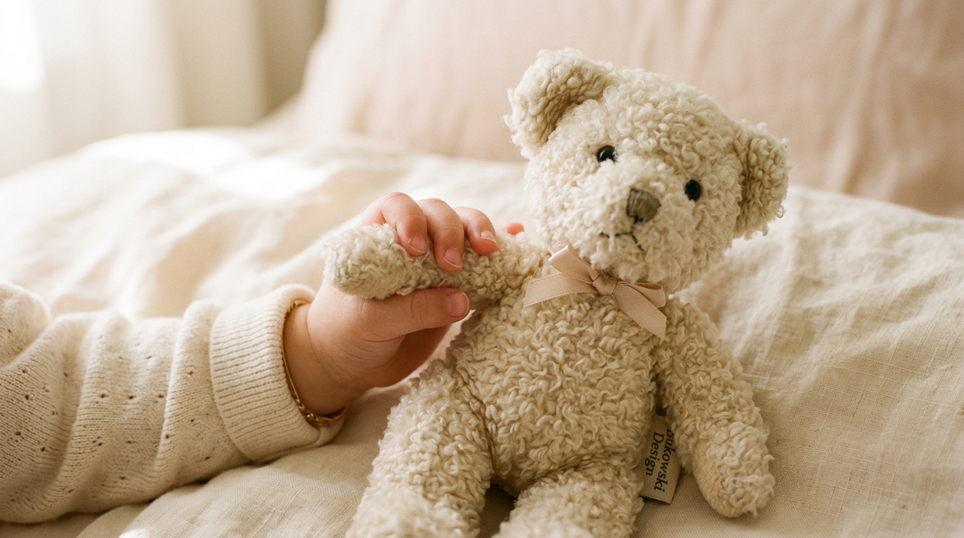 Main d'enfant serrant un ours en peluche