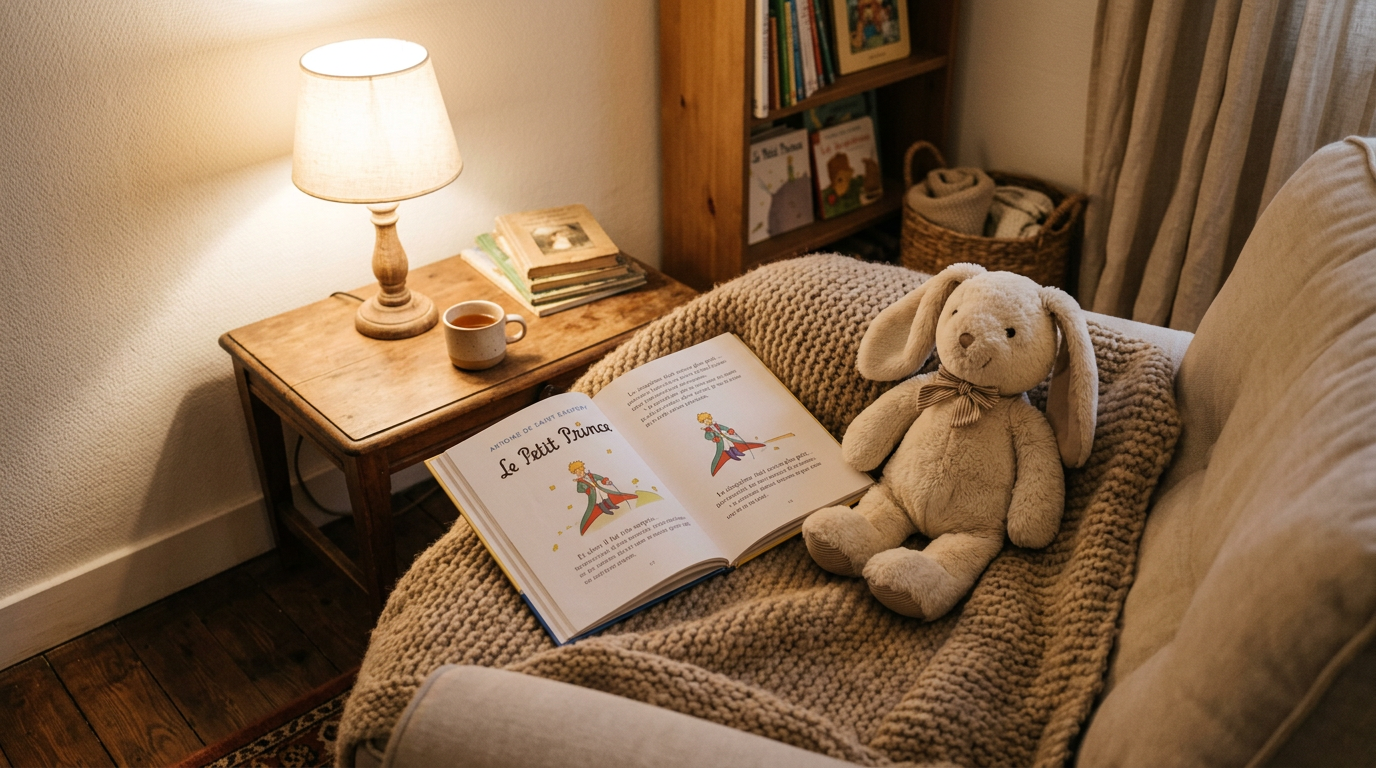Coin lecture avec lapin en peluche