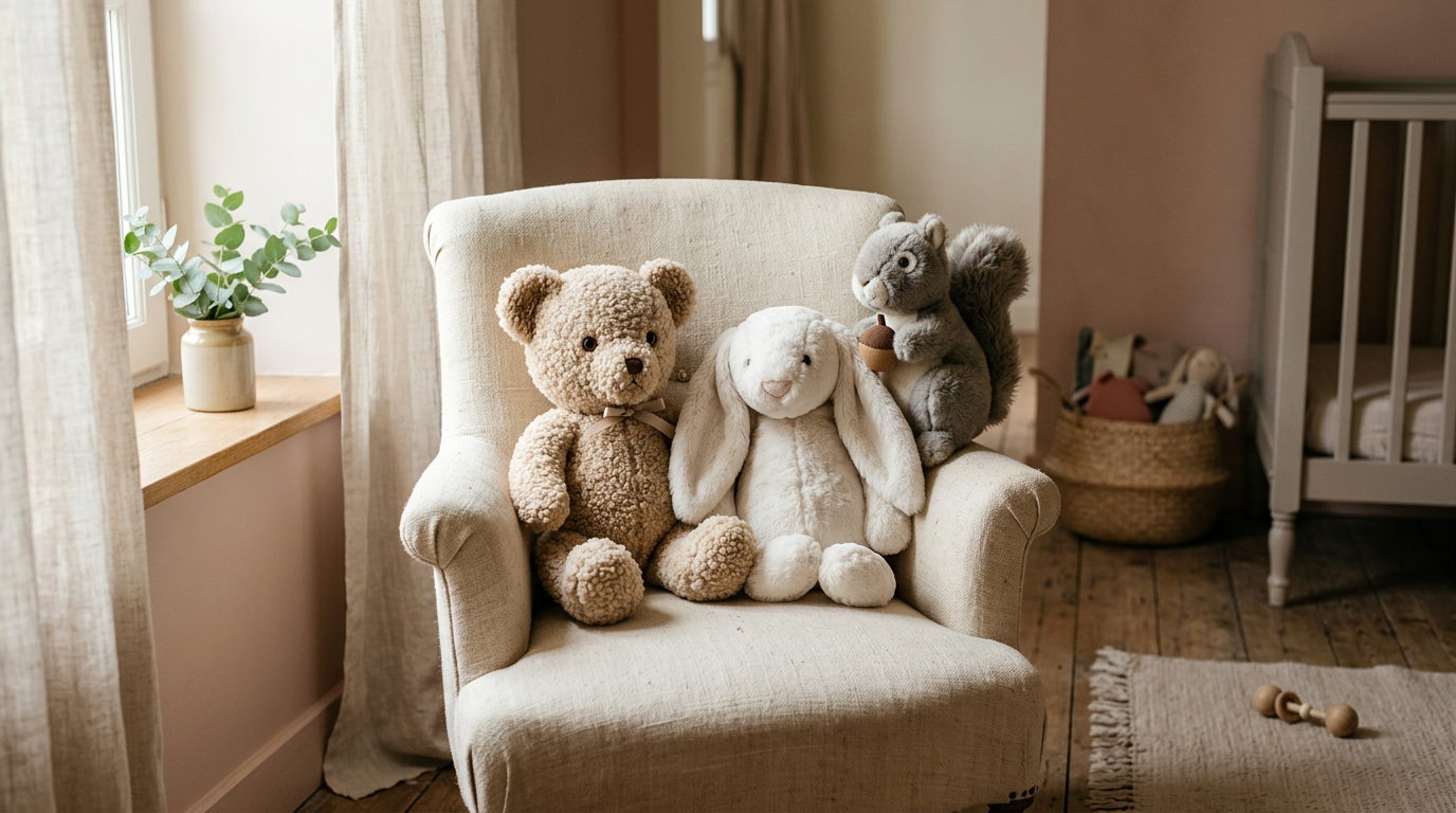 Collection de peluches Bukowski dans une chambre d'enfant cosy